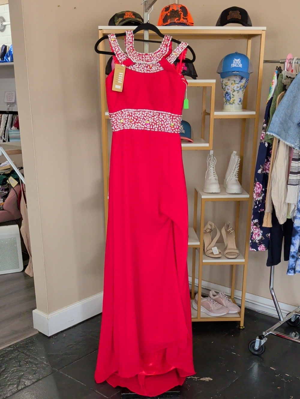 Rhinestoned Bright Red Formal Gown/ Pageant Dress
